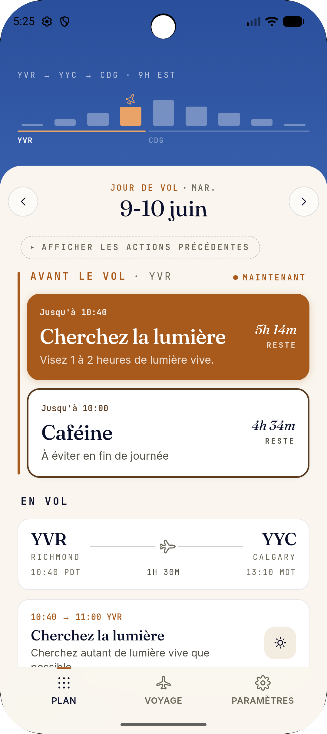L'application anti-décalage Jetlag Coach affichant un plan personnalisé
